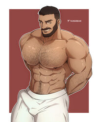  1boy abs alternate_pectoral_size arm_hair arms_behind_back artist_name bara beard black_hair bulge castlevania:_nocturne castlevania_(series) chest_hair erection erection_under_clothes facial_hair hairy huge_pectorals male_focus mature_male mizrak_(castlevania) muscular muscular_male navel navel_hair nipples pants pectorals short_hair smile solo taogebear thick_arms v-taper white_pants 