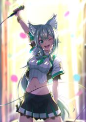  :d absurdres animal_ear_fluff animal_ears arm_up backlighting black_skirt black_vest bow bracelet cat_ears concert crop_top female green_bow green_eyes green_necktie hair_ornament hairbow happy highres hizuki_miu holding holding_microphone idol jewelry long_hair microphone microphone_cord midriff miniskirt multicolored_clothes multicolored_skirt navel necktie one_eye_closed open_mouth plaid_necktie pleated_skirt shirt side_ponytail skirt smile solo sorrowsolow stage stomach striped_clothes striped_shirt triangle triangle_print v-shaped_eyebrows vertical-striped_clothes vertical-striped_shirt very_long_hair vest virtual_youtuber wactor_production white_hair white_shirt wing_collar 