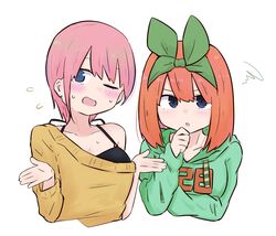  2girls :o ;d blue_eyes blush brown_sweater clothes_writing collarbone commentary cropped_torso drawstring earrings eyebrows_hidden_by_hair flying_sweatdrops go-toubun_no_hanayome green_hoodie green_ribbons hair_between_eyes hair_ribbon hand_up highres hood hood_down hoodie jewelry kujou_karasuma long_sleeves multiple_girls nakano_ichika nakano_yotsuba off_shoulder one_eye_closed open_mouth orange_hair parted_lips pink_hair ribbon short_hair siblings simple_background sisters sleeves_past_wrists smile squiggle stud_earrings sweat sweater twins upper_body white_background 