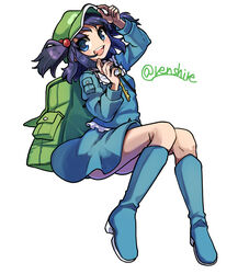  :d ass backpack bag blue_eyes blue_footwear blue_hair blue_shirt blue_skirt boots commentary female flat_cap full_body green_bag green_hat hat highres kawashiro_nitori key looking_at_viewer open_mouth renshirenji rubber_boots shirt simple_background skirt smile solo touhou twitter_username two_side_up white_background 