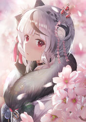  absurdres black_hair blunt_bangs blush braid cherry_blossoms choker female finale flower fur_collar grey_hair hair_bun hair_flower hair_ornament hair_ribbon hairpin highres hololive japanese_clothes kimono looking_at_viewer multicolored_hair official_alternate_costume petals pink_flower red_eyes ribbon sakamata_chloe sakamata_chloe_(new_year) seigaiha single_hair_bun single_side_bun solo streaked_hair upper_body virtual_youtuber 