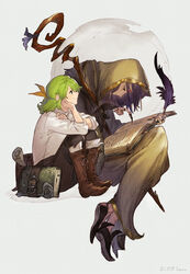  1boy :t absurdres bag between_fingers black_nails black_pants book book_strap brown_footwear claw_ring cloak closed_mouth commentary_request crossed_ankles elbow_on_knee elbow_rest elona exile_(elona) female from_side full_body green_hair hair_ribbon half_updo hand_on_own_cheek hand_on_own_face head_rest herayoshi highres holding holding_book holding_quill hood hood_up hooded_cloak hunched_over invisible_chair jewelry kiki_(herayoshi) knees_up long_hair looking_away looking_down multiple_rings open_book orange_ribbon pants pointy_footwear pout profile protagonist_(elona) quill reading red_eyes ribbon ring scroll shirt shoes short_hair side-by-side sitting sleeves_past_wrists smile standing third_eye turtleneck white_background white_shirt 