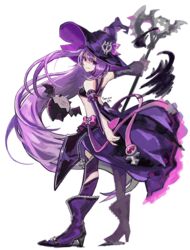  aisha_landar black_bra boots bra breasts buding_i detached_sleeves elsword female floating_hair from_side full_body grin hat holding holding_staff long_hair long_sleeves looking_at_viewer oz_sorcerer_(elsword) purple_eyes purple_footwear purple_hair purple_hat purple_legwear purple_skirt purple_sleeves simple_background skirt small_breasts smile solo staff standing underboob underwear very_long_hair white_background witch_hat 