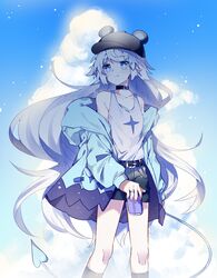  absurdres alternate_costume animal_hat bad_id bad_pixiv_id bear_hat belt belt_buckle black_belt black_choker black_hat black_shorts black_socks blue_eyes blue_jacket blue_sky buckle can choker commentary demon_girl demon_tail elsword female flower hair_flower hair_ornament hat hat_with_ears highres holding holding_can hood hood_down jacket jewelry long_hair luciela_r._sourcream off_shoulder pohao pointy_ears ring shirt shorts sidelocks sky sleeveless sleeveless_shirt socks solo sparkle sparkle_print sparkling_eyes standing symbol-only_commentary tail very_long_hair white_shirt 