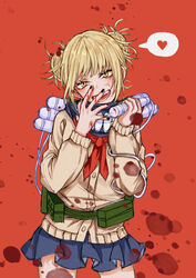  bags_under_eyes bandana belt belt_pouch black_bandana blonde_hair blood blood_on_clothes blood_on_hands blood_splatter blue_skirt blunt_bangs boku_no_hero_academia brown_cardigan canister cardigan covering_face cowboy_shot double_bun fangs female green_belt hair_bun hand_to_own_mouth head_tilt heart highres hose messy_hair narrowed_eyes neckerchief pleated_skirt pouch red_background red_neckerchief sailor_collar school_uniform serafuku sidelocks simple_background skirt slit_pupils smile solo speech_bubble spoken_heart syringe teeth toga_himiko yellow_eyes youki_kecf4488 