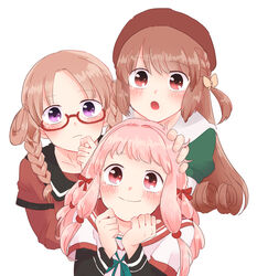  3girls brown_hair food highres hiiragi_nemu kamihama_university_affiliated_school_uniform magia_record:_mahou_shoujo_madoka_magica_gaiden mahou_shoujo_madoka_magica multi-tied_hair multiple_girls pink_hair pizza pizza_slice purple_eyes red_eyes red_hair sailor_collar sankyoin_academy_school_uniform satomi_touka school_uniform serafuku shirt st._liliana&#039;s_academy_school_uniform tamaki_ui ultimate_magnum white_shirt 