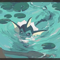  absurdres aqua_theme bad_id bad_pixiv_id commentary_request hideko_(l33l3b) highres lily_pad no_humans partially_submerged pokemon pokemon_(creature) solo swimming twitter_username vaporeon water 