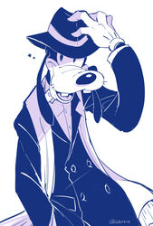  2020 4_fingers anthro blue_theme buckteeth canid canine canis cello2424 clothed clothing disney domestic_dog fingers gloves goofy_(disney) handwear hat headgear headwear hi_res longcoat looking_at_viewer male mammal simple_background solo star teeth trilby_(hat) white_background white_clothing white_gloves white_handwear 