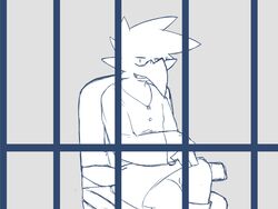  4:3 absurd_res anthro avian bars beak bird bottomwear chair clothed clothing cosplay cropped_sweater digital_drawing_(artwork) digital_media_(artwork) fully_clothed furniture hi_res josh_(mrjosh47) konami male mrjosh47 on_chair prison prison_cell silent_hill sitting sitting_on_chair skirt solo 