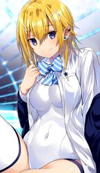  absurdres blonde_hair blue_eyes bow bowtie commentary_request dress_shirt female highres kurebayashi_noe looking_down one-piece_swimsuit open_clothes original school_swimsuit school_uniform shirt short_hair sitting solo striped_bow striped_bowtie striped_clothes swimsuit swimsuit_under_clothes thighhighs white_one-piece_swimsuit white_shirt white_thighhighs 