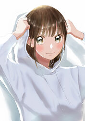  absurdres ao_no_hako_(wsj) blush brown_hair female hands_up highres hood hoodie kano_chinatsu long_hair looking_at_viewer md5_mismatch shinji_kuninaka simple_background smile solo white_background white_hoodie 