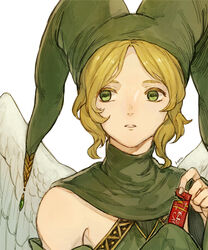  1boy androgynous artist_name bare_shoulders blonde_hair detached_sleeves elona feathered_wings gem green_eyes green_gemstone green_hat hands_up hat hat_ornament herayoshi highres holding jester_cap kumiromi_of_harvest long_sleeves looking_away male_focus parted_lips portrait sidelocks sideways_glance simple_background sleeves_past_fingers sleeves_past_wrists solo turtleneck white_background wings 