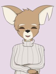  anthro blush closed_eyes clothing deer eyebrows female fluffy fluffy_hair freckles hair happy hi_res mammal nikita_(disambiguation) parsnip_(game) portrait smile solo spots sweater the_testimony_of_trixie_glimmer_smith thick_eyebrows topwear 