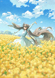  arms_up blue_sky blush closed_eyes cloud commentary_request day dress female field floating_hair flower flower_field highres long_hair long_sleeves meadow open_mouth original outdoors potg_(piotegu) rapeseed_blossoms sky smile solo very_long_hair white_dress yellow_flower 