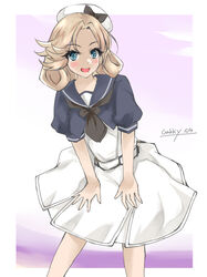  black_neckerchief blonde_hair blue_eyes blue_sailor_collar commentary_request dress female gakky gloves hat janus_(kancolle) kantai_collection leaning_forward neckerchief one-hour_drawing_challenge parted_bangs sailor_collar sailor_dress sailor_hat short_hair smile solo standing white_dress white_gloves white_hat 