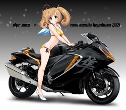  ahoge bikini blonde_hair breasts cleavage commentary_request female flick_(sal23) green_eyes halterneck high_heels highres idolmaster idolmaster_cinderella_girls long_hair looking_at_viewer medium_breasts motor_vehicle motorcycle riding sato_shin side-tie_bikini_bottom solo string_bikini suzuki_(company) suzuki_hayabusa swimsuit twintails wings yellow_bikini 