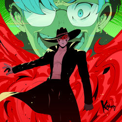  2boys alabaster alabaster_(character) artist_name blue_eyes blue_hair coat cover_image earrings english_commentary glasses hat high_collar jewelry kickstarter koyorin long_coat looking_at_viewer male_focus mask multiple_boys official_art open_clothes open_coat open_mouth red_eyes short_hair 