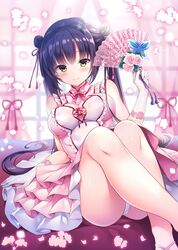  bad_id bad_twitter_id bare_shoulders blurry blurry_background blush bow breasts brown_eyes closed_mouth crossed_ankles curtains depth_of_field double_bun dress female flower folding_fan gloves hair_bun hand_fan highres holding holding_fan large_breasts long_hair looking_at_viewer nanohana_kohina original panties pink_bow pink_dress pink_flower pink_rose purple_hair revision rose ruri_(tougetsu_hajime) sidelocks sitting sleeveless sleeveless_dress smile solo twintails underwear very_long_hair white_gloves white_panties window 