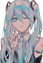  bad_id bad_pixiv_id blue_eyes blue_hair blue_nails blue_necktie commentary female hatsune_miku light_smile long_hair looking_at_viewer looking_down necktie one_eye_closed puchipuchi solo twintails upper_body v vocaloid 