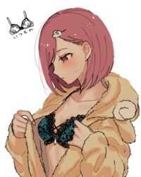  animal_costume animal_hair_ornament aqua_bra blush bob_cut bra brown_eyes collarbone dressing ear_blush embarrassed female hair_behind_ear hair_ornament hands_up hood hood_down lace-trimmed_bra lace_trim long_sleeves looking_away looking_down matumanda pajamas pink_hair profile protagonist_(tokimemo_gs4) sheep_costume sheep_hair_ornament short_hair simple_background solo sweat tokimeki_memorial tokimeki_memorial_girl&#039;s_side_4th_heart underwear upper_body white_background 