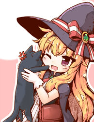  anger_vein animal black_cat blonde_hair blush bow capelet cloak feline female gloves hair_between_eyes hat hat_bow highres holding holding_animal holding_cat kareya little_witch_nobeta long_hair nobeta one_eye_closed open_mouth phyllis_(cat)_(little_witch_nobeta) phyllis_(little_witch_nobeta) red_eyes smile solo straight_hair witch_hat 