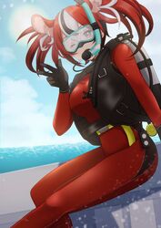  animal_ears black_hair bodysuit cloud commentary_request commission diving_mask diving_regulator diving_suit female goggles hair_between_eyes hakos_baelz hololive hololive_english mouse_ears multicolored_hair ocean one_eye_closed pukonuu red_hair scuba_gear scuba_tank skeb_commission sky snorkel snorkel_in_mouth sun virtual_youtuber water wetsuit white_hair 