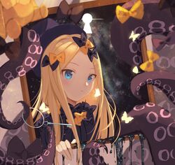  abigail_williams_(fate) black_bow black_dress black_hat blonde_hair blue_eyes bow breasts dress fate/grand_order fate_(series) female forehead gu0st hairbow hat highres ink key keyhole long_hair long_sleeves multiple_hair_bows orange_bow parted_bangs picture_frame ribbed_dress sleeves_past_fingers sleeves_past_wrists small_breasts solo tentacle 