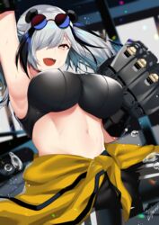  :d animal_ears arknights arm_up armpits bangs black_hair breasts clothes_around_waist commentary_request crop_top eyebrows_visible_through_hair eyewear_on_head feater_(arknights) female hair_over_one_eye highres jacket jacket_around_waist large_breasts lilycious long_hair looking_at_viewer mechanical_arm midriff multicolored_hair open_mouth panda_ears signature silver_hair smile solo sports_bra stomach streaked_hair sunglasses thick_eyebrows yellow_eyes yellow_jacket 