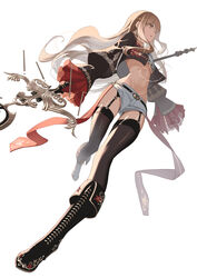  absurdres blonde_hair boots breasts commentary_request earrings female floral_print full_body garter_straps high_heel_boots high_heels highres holding holding_polearm holding_weapon jewelry knee_boots long_hair midriff navel original polearm short_shorts shorts small_breasts solo spear thighhighs tsuki-shigure very_long_hair weapon white_background white_shorts yellow_eyes 