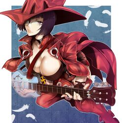  belt black_hair boots breasts cleavage female guilty_gear guilty_gear_strive guitar hat i-no instrument jacket lipstick makeup midriff music panda=hiro playing_instrument red_footwear red_headwear thigh_boots venus_symbol 