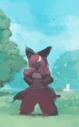  avian bangs barefoot bird black_ears black_tail blue_sky bottomwear canid canine chest_wraps closed_eyes clothing cloud day duo featureless_hands feet fur grass hair hand_on_hip hi_res hooki kemono long_hair mal_(hasukii) mammal open_mouth plant prick_ears red_body red_bottomwear red_clothing red_fur red_hair silhouette sitting sky smile standing tail tree unknown_character white_body white_ears white_fur white_hair white_tail wraps 