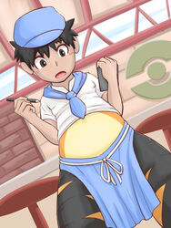  3:4 apron black_bottomwear black_clothing black_hair black_pants blue_apron blue_clothing blue_hat blue_headwear blue_necktie blush bottomwear charizard clothing countershade_torso countershading detailed_background dual_holding feral furniture generation_1_pokemon grey_eyes hair hat headgear headwear hi_res holding_object holding_pencil holding_writing_utensil human human_to_feral inside looking_at_self male mammal mid_transformation necktie nintendo orange_body pants pencil_(object) pokemon pokemon_(species) pokemon_cafe_remix shaded shirt short_hair solo species_transformation table tan_body tan_skin topwear torn_bottomwear torn_clothing torn_pants transformation waiter wall_(structure) white_clothing white_shirt white_topwear writing_utensil yakinikuinu yellow_body 