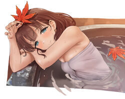  armpits bad_id bad_pixiv_id bath blush brown_hair female hamedoragon holding holding_leaf idolmaster idolmaster_cinderella_girls leaf leaf_on_liquid looking_at_viewer maple_leaf naked_towel ofuro partially_submerged sakuma_mayu skindentation smile solo towel water_drop 