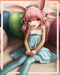  animal_ears blue_dress blue_pantyhose blush covered_mouth crumbles dress easter_egg egg female hairband hands_on_lap highres lolicon long_hair looking_at_viewer low_twintails original own_hands_together pacifier pantyhose pink_eyes pink_hair rabbit_ears sitting solo twintails variant_set white_hairband 