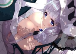  azur_lane blue_eyes blunt_bangs breasts chair cleavage dappled_sunlight day detached_collar downblouse dress elbow_gloves female from_above gloves grey_hair illustrious_(azur_lane) large_breasts long_hair looking_at_viewer looking_up low_twintails outdoors own_hands_together parted_lips plate sitting smile solo strapless strapless_dress sunlight table thighhighs twintails very_long_hair wee_(weeyy) white_dress white_gloves white_headwear white_thighhighs 