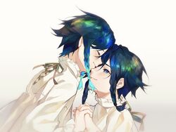  2boys aqua_hair blue_hair blush braid closed_eyes closed_mouth dark_blue_hair eyelashes frilled_sleeves frills genshin_impact gradient_hair green_eyes highres interlocked_fingers kissing kissing_nose long_sleeves looking_at_another male_focus multicolored_hair multiple_boys nameless_bard_(genshin_impact) oriori_0201 shirt sidelocks smile twin_braids venti_(genshin_impact) white_shirt yaoi 