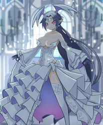  bare_shoulders black_gloves black_hair bow breasts choker circlet cleavage closed_mouth collarbone covered_navel detached_sleeves disgaea earrings feet_out_of_frame female gloves head_wings highres jewelry large_breasts layered_skirt layered_sleeves legs_apart leotard long_hair looking_at_viewer makai_senki_disgaea_6 melodia_(disgaea) outstretched_arms pointy_ears red_eyes shiny_skin skirt skirt_hold slit_pupils smile solo spread_arms standing suaman thighhighs white_bow white_choker white_leotard white_skirt white_sleeves white_thighhighs wings 