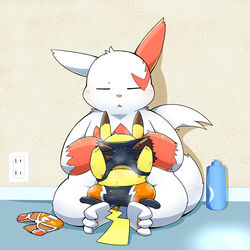  1:1 absurd_res anthro belly blush clothing cosplay_pikachu_(costume) duo fur generation_1_pokemon generation_3_pokemon hi_res male markings mask navel nintendo pikachu pikachu_libre pokemon pokemon_(species) red_markings slightly_chubby tail tatu_wani_(artist) undressing_another white_body white_fur wrestling_singlet yellow_body yellow_fur zangoose 