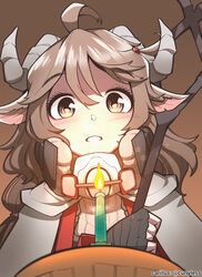  ahoge animal_ears arknights black_gloves brown_background brown_hair cake candle carillus coat eyjafjalla_(arknights) female fingerless_gloves food gloves highres holding holding_staff horns long_hair mask mask_around_neck parted_lips raised_eyebrows sheep_ears sheep_girl sheep_horns shirt simple_background smile solo staff upper_body white_coat white_shirt yellow_eyes 