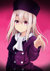  breasts closed_mouth eyelashes fate/stay_night fate_(series) female fur_hat hair_between_eyes hat highres illyasviel_von_einzbern jacket long_hair long_sleeves looking_at_viewer papakha photoshop_(medium) pink_background pointing purple_hat purple_jacket red_eyes scarf sen_(astronomy) small_breasts solo white_hair white_scarf 