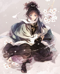  1boy black_hair blue_eyes branch cherry_blossoms fighting_stance hakama hakama_pants haori highres japanese_clothes katana male_focus mole mole_under_eye on_one_knee pants petals photoshop_(medium) ponytail ready_to_draw sandals scarf sheath sheathed shinsengumi smile suzuneko-rin sword tabi touken_ranbu weapon white_scarf yamato-no-kami_yasusada 