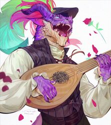  anthro bard clothed clothing dragon feathered_cap flower hat headgear headwear hi_res lute male musical_instrument musician mythological_creature mythological_scalie mythology open_mouth plant playing_music plucked_string_instrument purple_body purple_scales rose_(flower) scales scalie signature simple_background solo string_instrument third_cookie white_background 