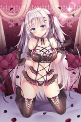  ass_visible_through_thighs bad_id bad_twitter_id bare_shoulders bed_sheet black_bra black_choker black_gloves black_panties black_sleeves black_thighhighs blue_eyes blush bow bow_panties bra breasts choker cleavage collarbone detached_sleeves female frilled_bra frilled_panties frilled_pillow frills full_body garter_straps gloves grey_hair groin hair_ornament hairbow hands_up highres indoors kneeling large_breasts long_hair looking_at_viewer nanohana_kohina navel no_shoes original panties parted_lips petals pillow puffy_short_sleeves puffy_sleeves red_bow see-through see-through_sleeves shinigami_(tougetsu_hajime) short_sleeves solo spread_legs thighhighs two_side_up underwear very_long_hair 