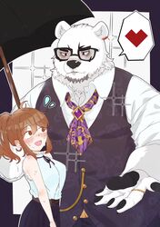  anthro bear blush borealis_(live_a_hero) brown_hair duo eyewear female female_operator formal_clothing fur glasses hair hi_res human lifewonders live_a_hero male mammal nagu_mogmog05 necktie pawpads polar_bear ponytail protagonist_(live_a_hero) size_difference ursine white_body white_fur 