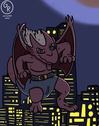  anthro brooklyn_(gargoyles) chibi city clothed clothing disney gargoyle gargoyles garrus368 hair hi_res male moon new_york_city night red_body scalie smile solo tail topless white_hair wings 