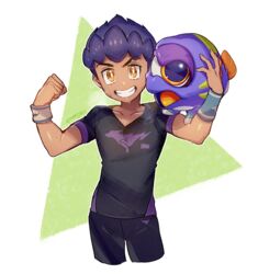  1boy black_shirt clenched_hand clenched_teeth collarbone commentary_request crossover dark-skinned_male dark_skin flexing hands_up holding hop_(pokemon) hoplin looking_at_viewer orange_eyes pokemon pokemon_swsh poroi_(poro586) pose purple_hair ring_fit_adventure shirt short_hair short_sleeves smile teeth two-tone_background v-shaped_eyebrows wristband 