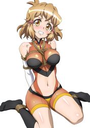  arms_behind_back bodysuit bound breast_bondage breasts brown_eyes brown_hair clenched_teeth clothing_cutout elbow_gloves female fujikawa_daichi gloves hair_ornament hairclip medium_breasts navel rope senki_zesshou_symphogear sitting stomach_cutout tachibana_hibiki_(symphogear) teeth wariza white_background 