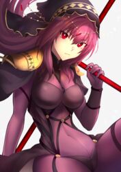  armor bodysuit breasts covered_navel fate/grand_order fate_(series) female gae_bolg_(fate) hair_between_eyes highres kaze_minoru_so-ru large_breasts long_hair looking_at_viewer pauldrons polearm purple_bodysuit purple_hair red_eyes scathach_(fate) shoulder_armor solo spear thighs veil weapon 