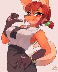  2022 4_fingers absurd_res anthro blouse bottomwear breasts brown_body brown_eyes brown_fur brown_hair canid canine claws clothed clothing confident digital_media_(artwork) female female_anthro finger_claws fingers fur gesture hair half-length_portrait hand_on_hip hi_res kemono looking_at_viewer mammal maned_wolf multicolored_body multicolored_fur orange_body orange_fur pawpads portrait skirt solo tail tan_body tan_fur topwear yellowparrottw yellowparrottw&#039;s_wolf 