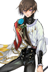  1boy absurdres black_pants blue_flower blue_rose brown_hair buttons code_geass collar commentary flower frilled_collar frills hair_between_eyes high_collar highres leaf lelouch_vi_britannia male_focus open_mouth ovo5922 pants puffy_sleeves purple_eyes rose sash shirt short_hair sitting solo sweatdrop symbol-only_commentary upper_body white_background white_shirt 